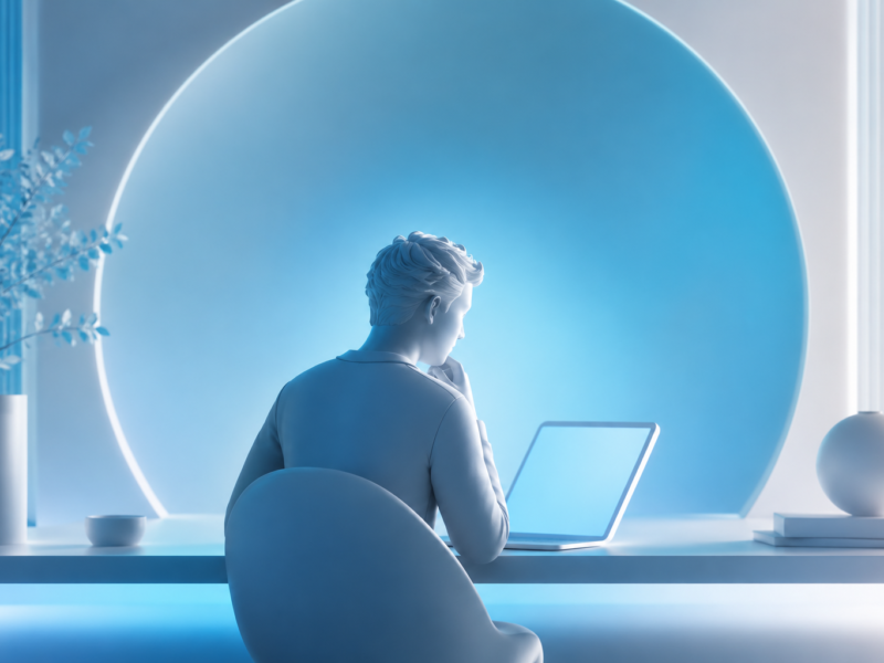 Como UX design mudou minha vida: pessoa observando uma interface digital em ambiente minimalista azul e branco, representando clareza, reflexão e transformação profissional através do UX Design.